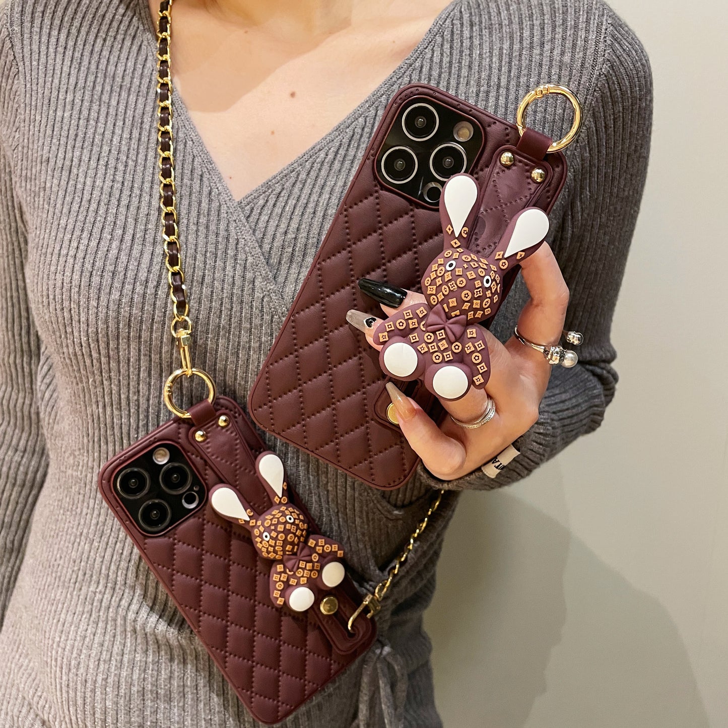 Orise Easy Crossbody case for iPhone,with PU Leather Strap Stand 3D Cute Rabbit Bunny Grip Holder Finger for girls women ,Purple