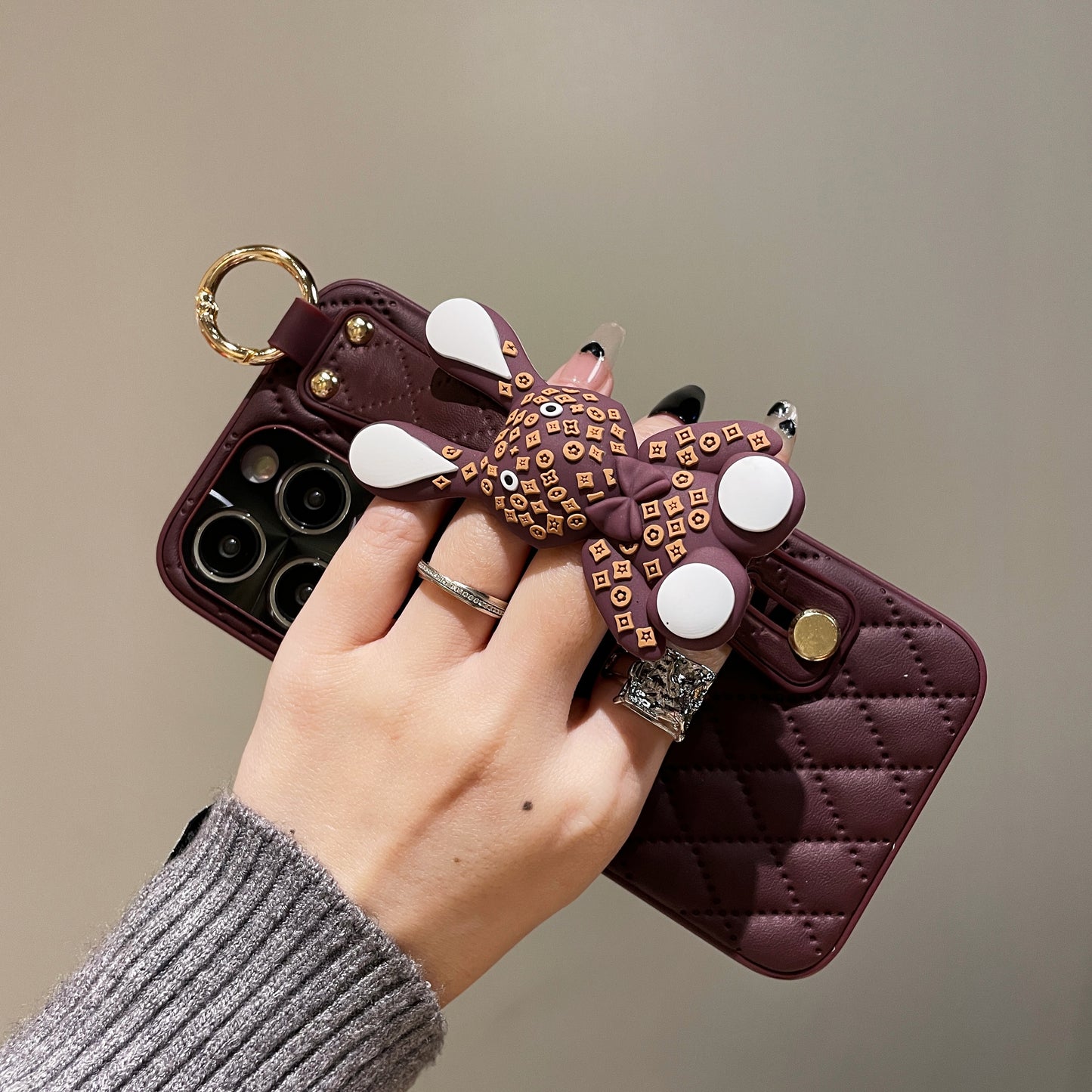 Orise Easy Crossbody case for iPhone,with PU Leather Strap Stand 3D Cute Rabbit Bunny Grip Holder Finger for girls women ,Purple