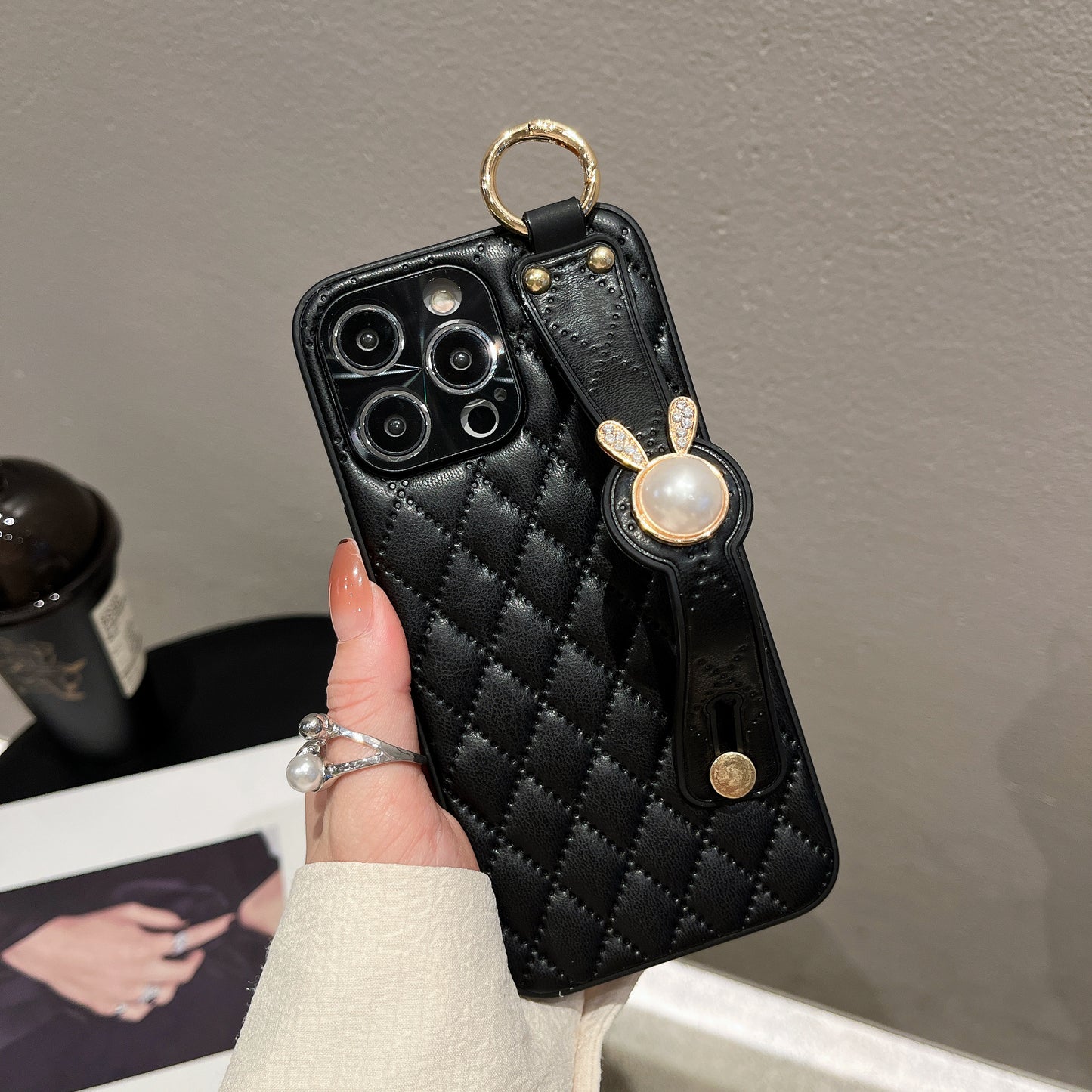 Orise Easy Crossbody case for Iphone with long strap ,PU Leather Strap Stand Bling Pearl Grip Holder Finger for girls women