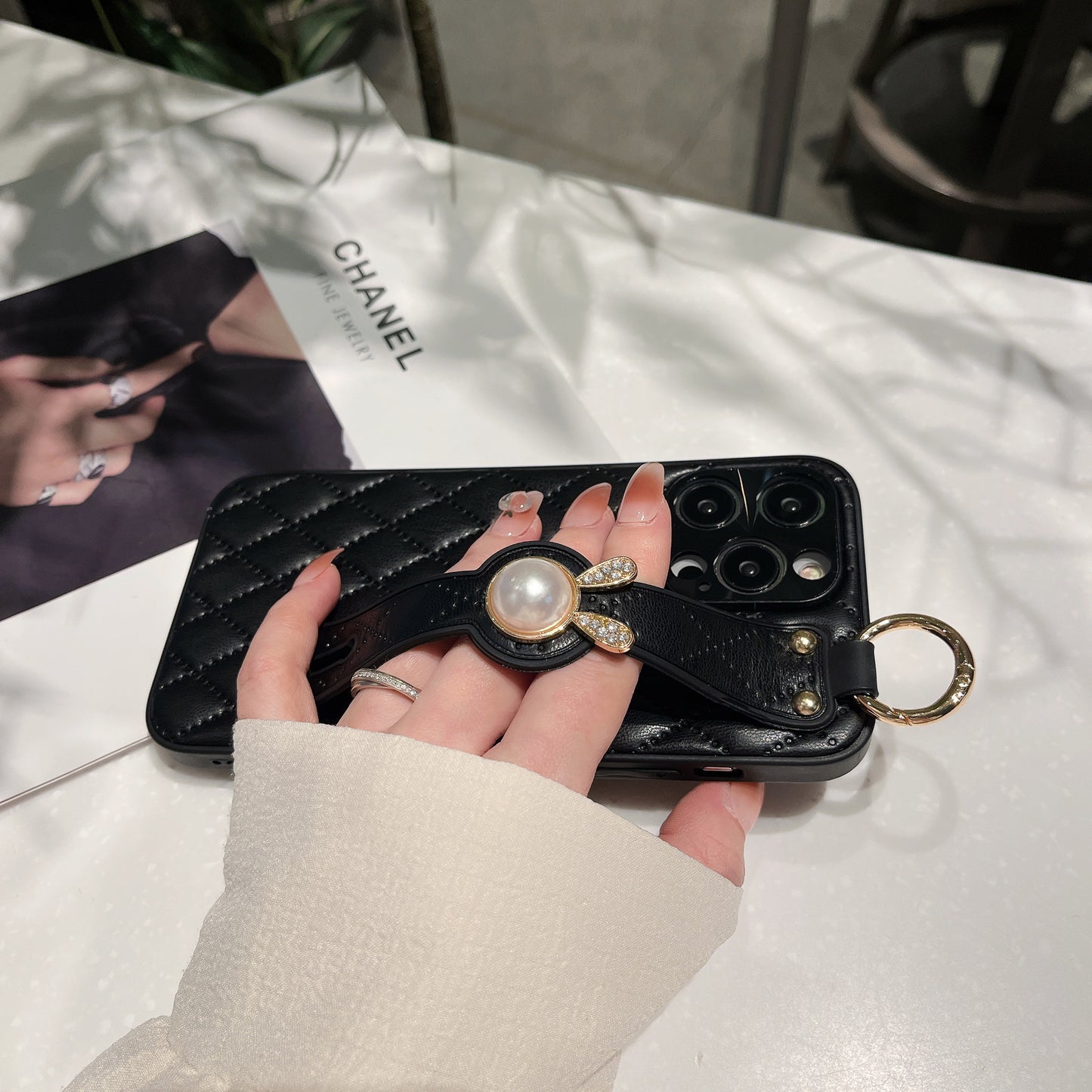 Orise Easy Crossbody case for Iphone with long strap ,PU Leather Strap Stand Bling Pearl Grip Holder Finger for girls women