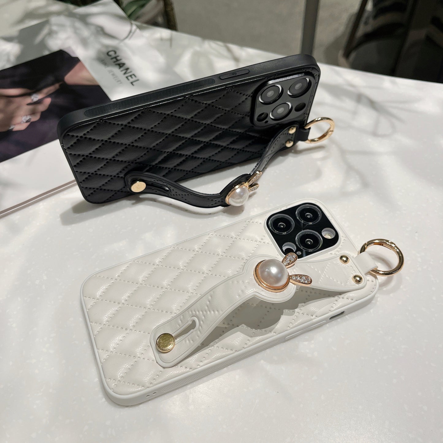 Orise Easy Crossbody case for Iphone with long strap ,PU Leather Strap Stand Bling Pearl Grip Holder Finger for girls women