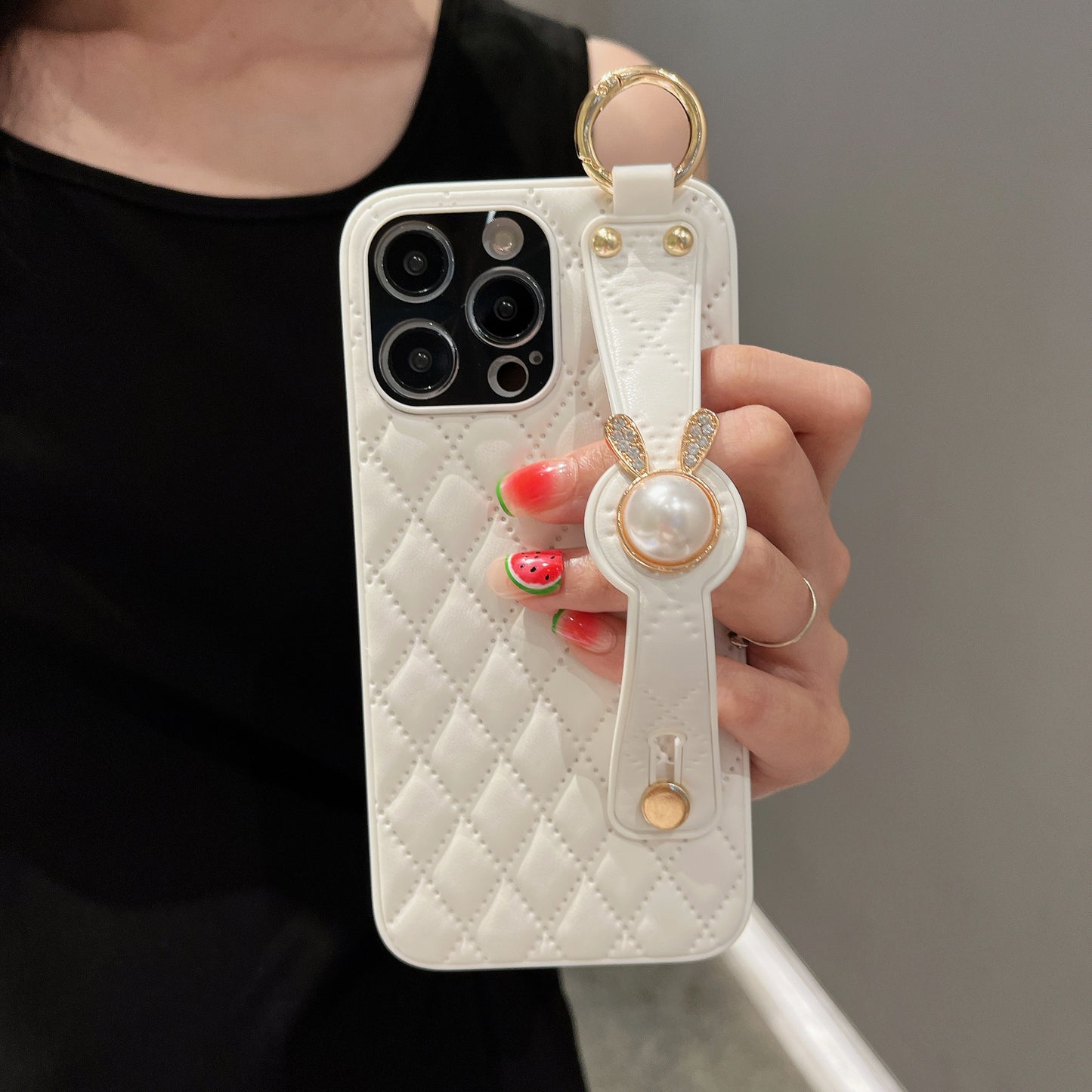 Orise Easy Crossbody case for Iphone with long strap ,PU Leather Strap Stand Bling Pearl Grip Holder Finger for girls women