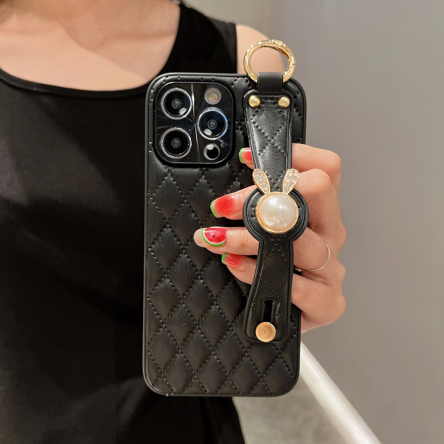 Orise Easy Crossbody case for Iphone with long strap ,PU Leather Strap Stand Bling Pearl Grip Holder Finger for girls women