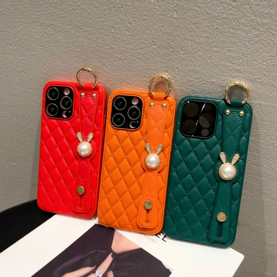 Orise Easy Crossbody case for Iphone with long strap ,PU Leather Strap Stand Bling Pearl Grip Holder Finger for girls women