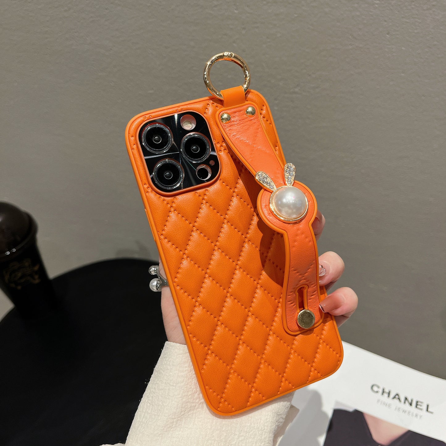 Orise Easy Crossbody case for Iphone with long strap ,PU Leather Strap Stand Bling Pearl Grip Holder Finger for girls women