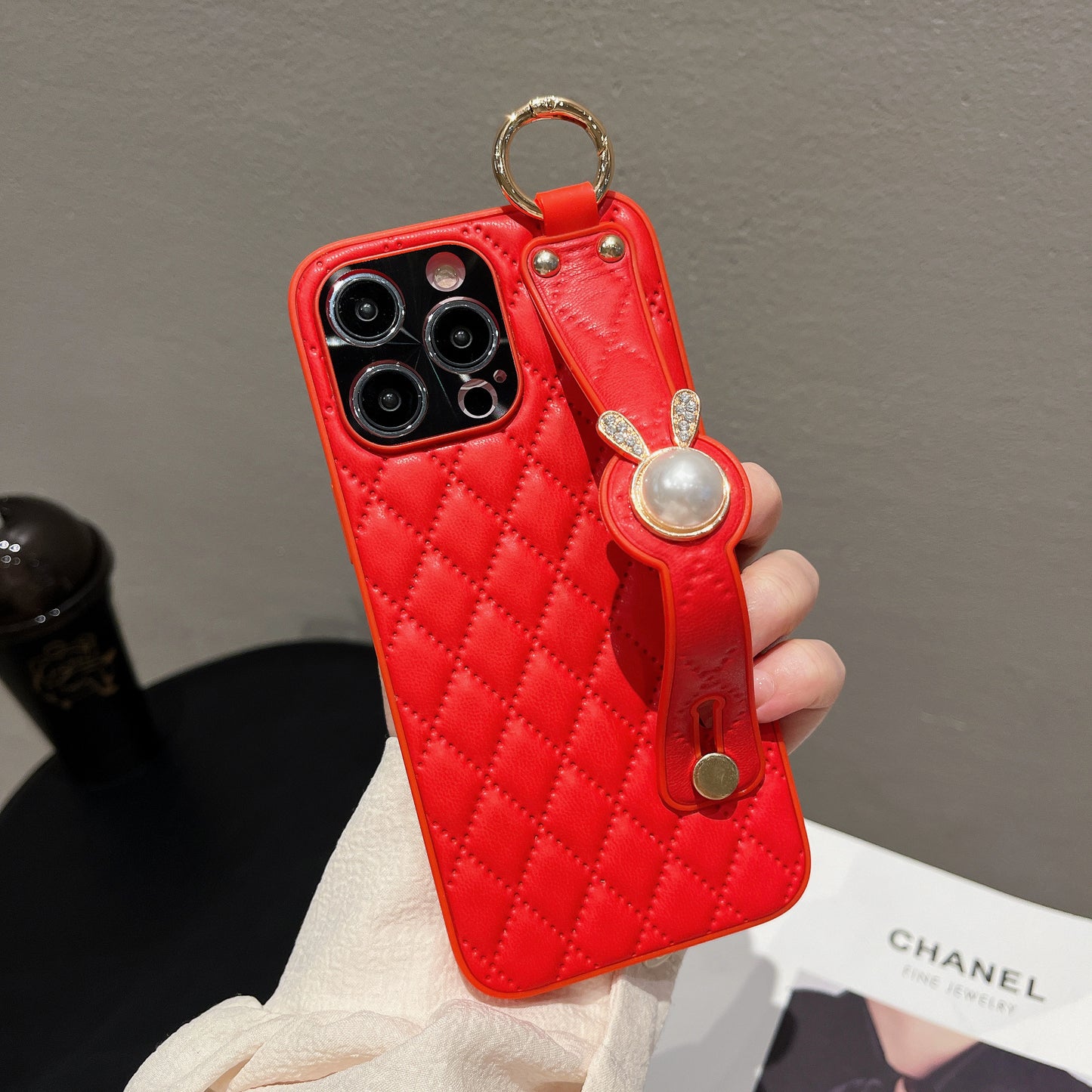 Orise Easy Crossbody case for Iphone with long strap ,PU Leather Strap Stand Bling Pearl Grip Holder Finger for girls women