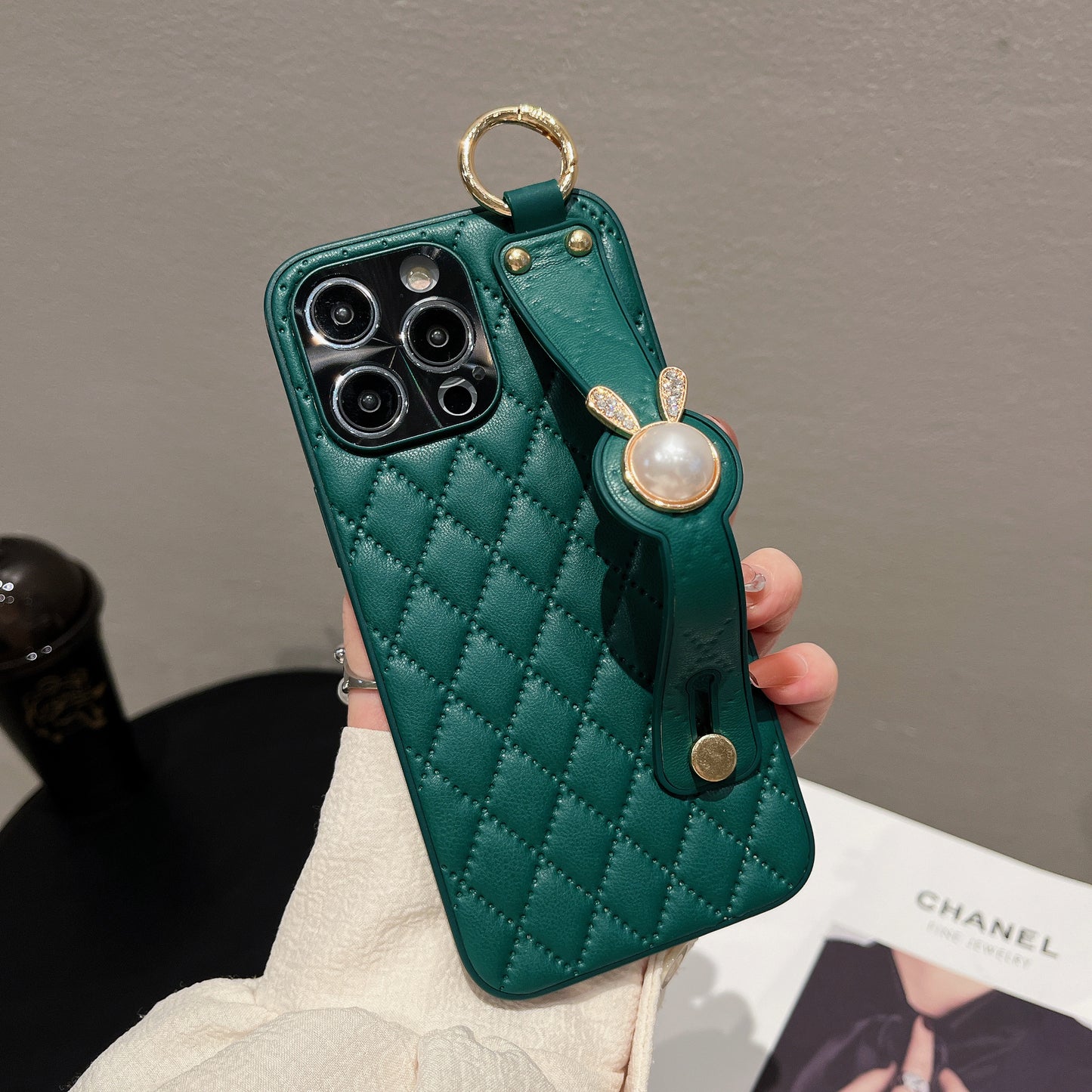 Orise Easy Crossbody case for Iphone with long strap ,PU Leather Strap Stand Bling Pearl Grip Holder Finger for girls women