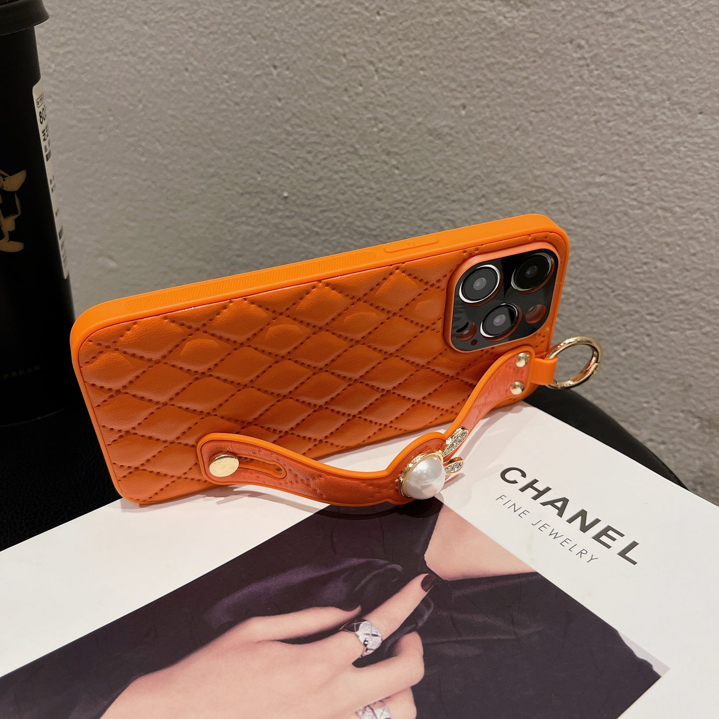 Orise Easy Crossbody case for Iphone with long strap ,PU Leather Strap Stand Bling Pearl Grip Holder Finger for girls women