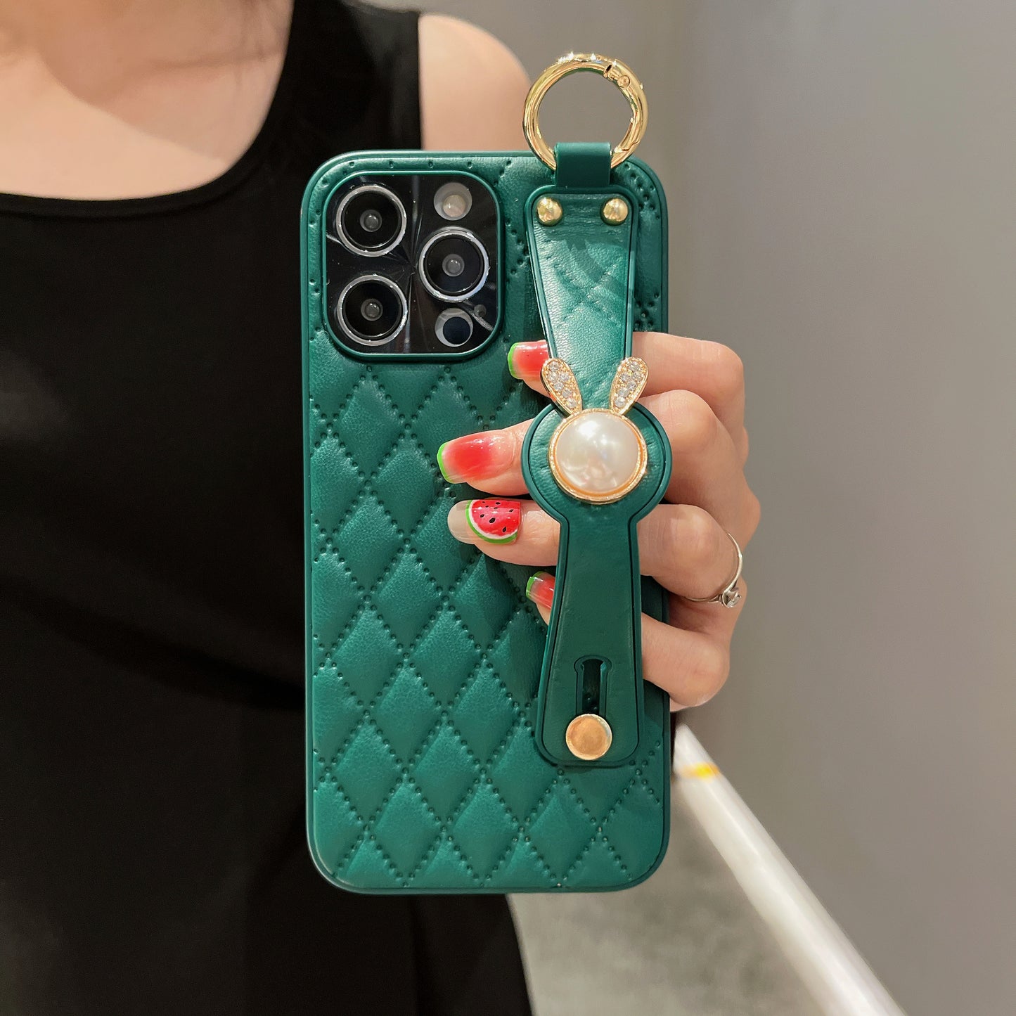 Orise Easy Crossbody case for Iphone with long strap ,PU Leather Strap Stand Bling Pearl Grip Holder Finger for girls women