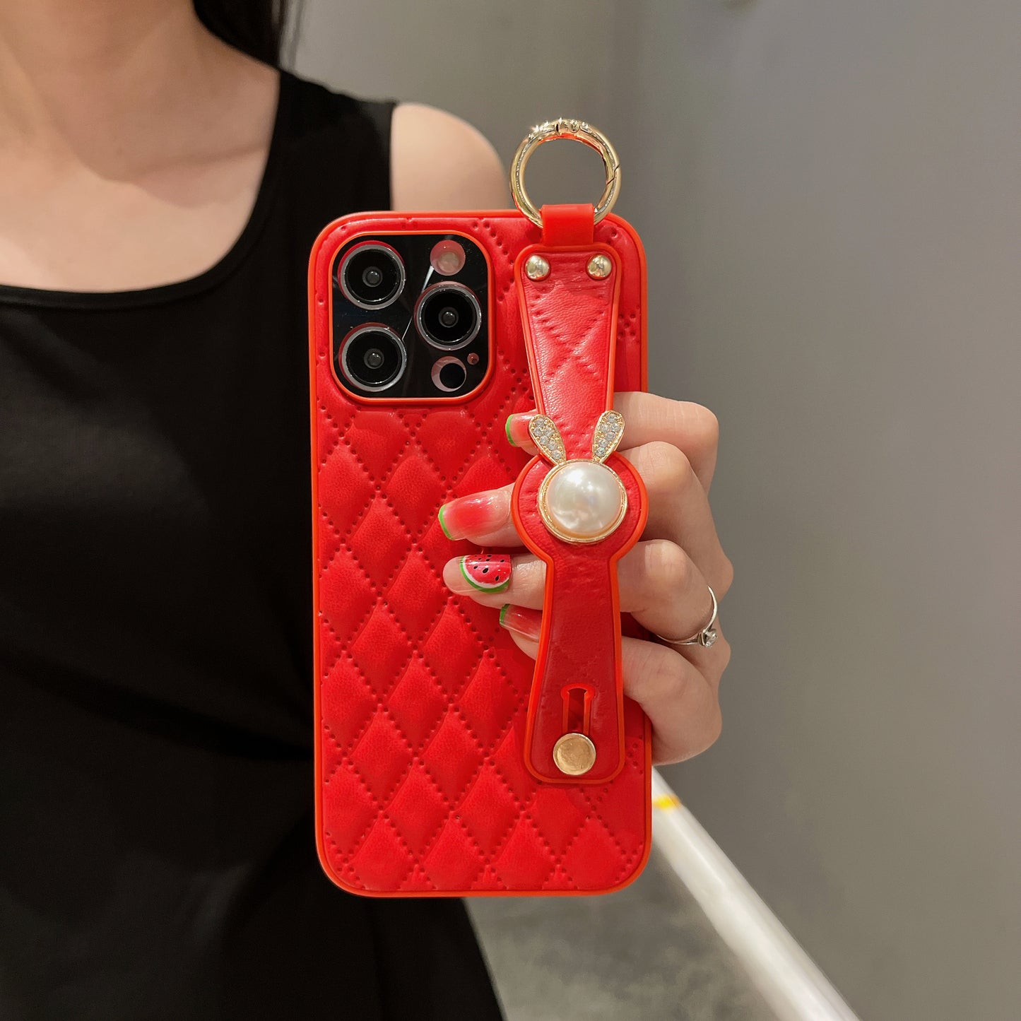 Orise Easy Crossbody case for Iphone with long strap ,PU Leather Strap Stand Bling Pearl Grip Holder Finger for girls women