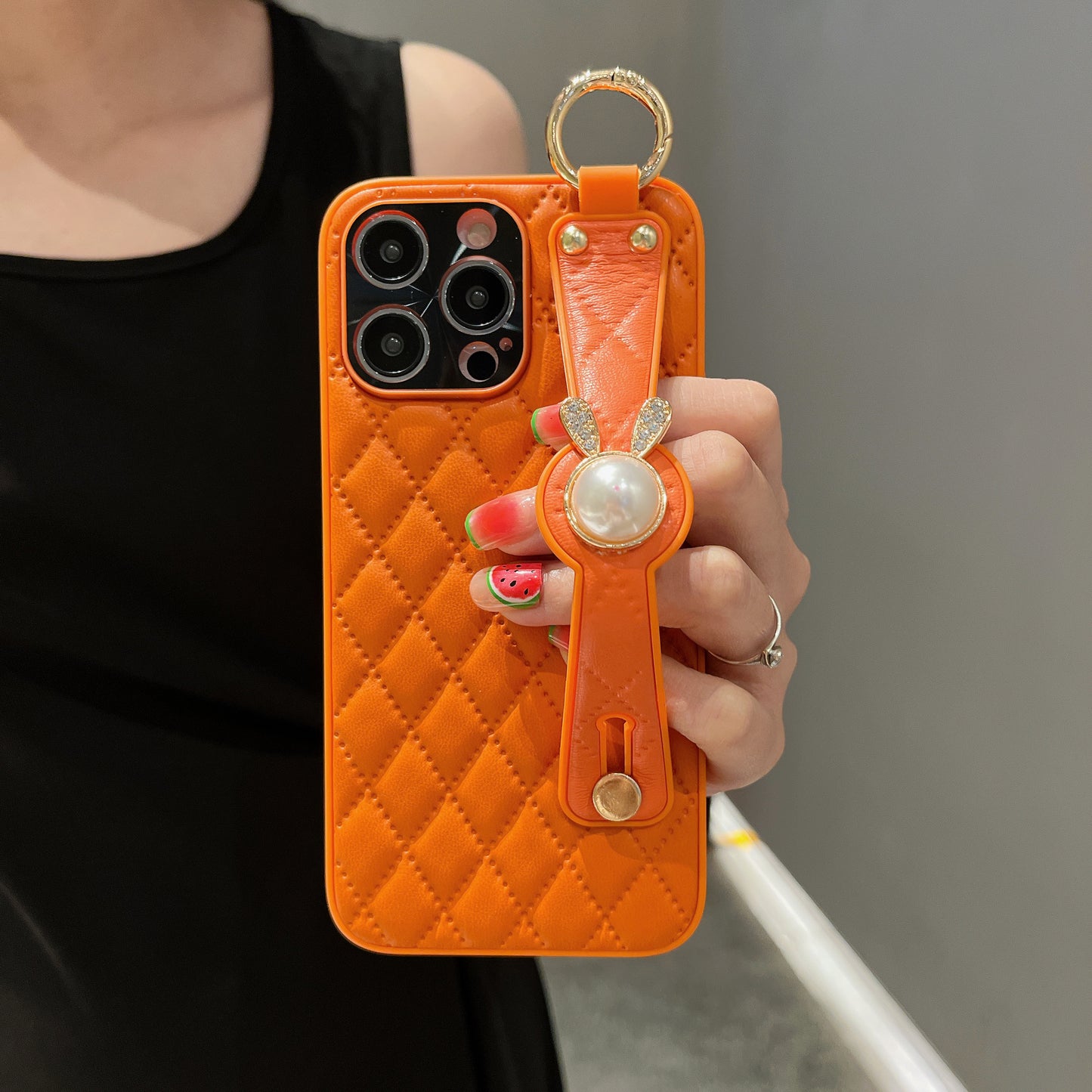 Orise Easy Crossbody case for Iphone with long strap ,PU Leather Strap Stand Bling Pearl Grip Holder Finger for girls women