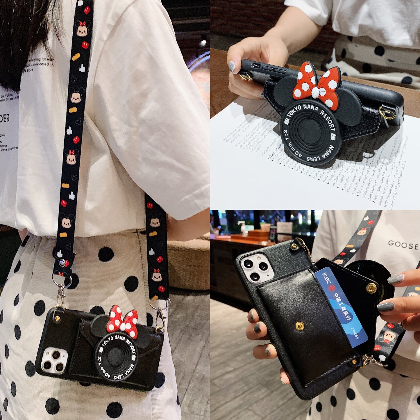 Oriseeasy Iphone Case crossbody wallet with 3D cute Camera mouse