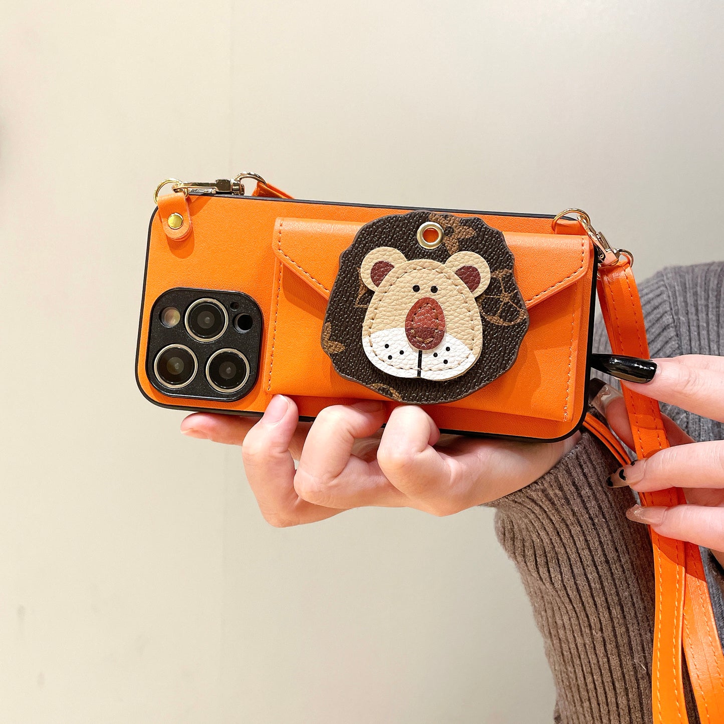 Oriseeasy iPhone case 3D lion Wallet Crossbody long strap
