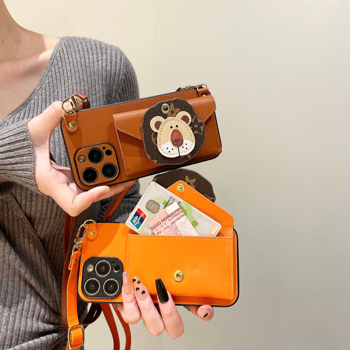 Oriseeasy iPhone case 3D lion Wallet Crossbody long strap