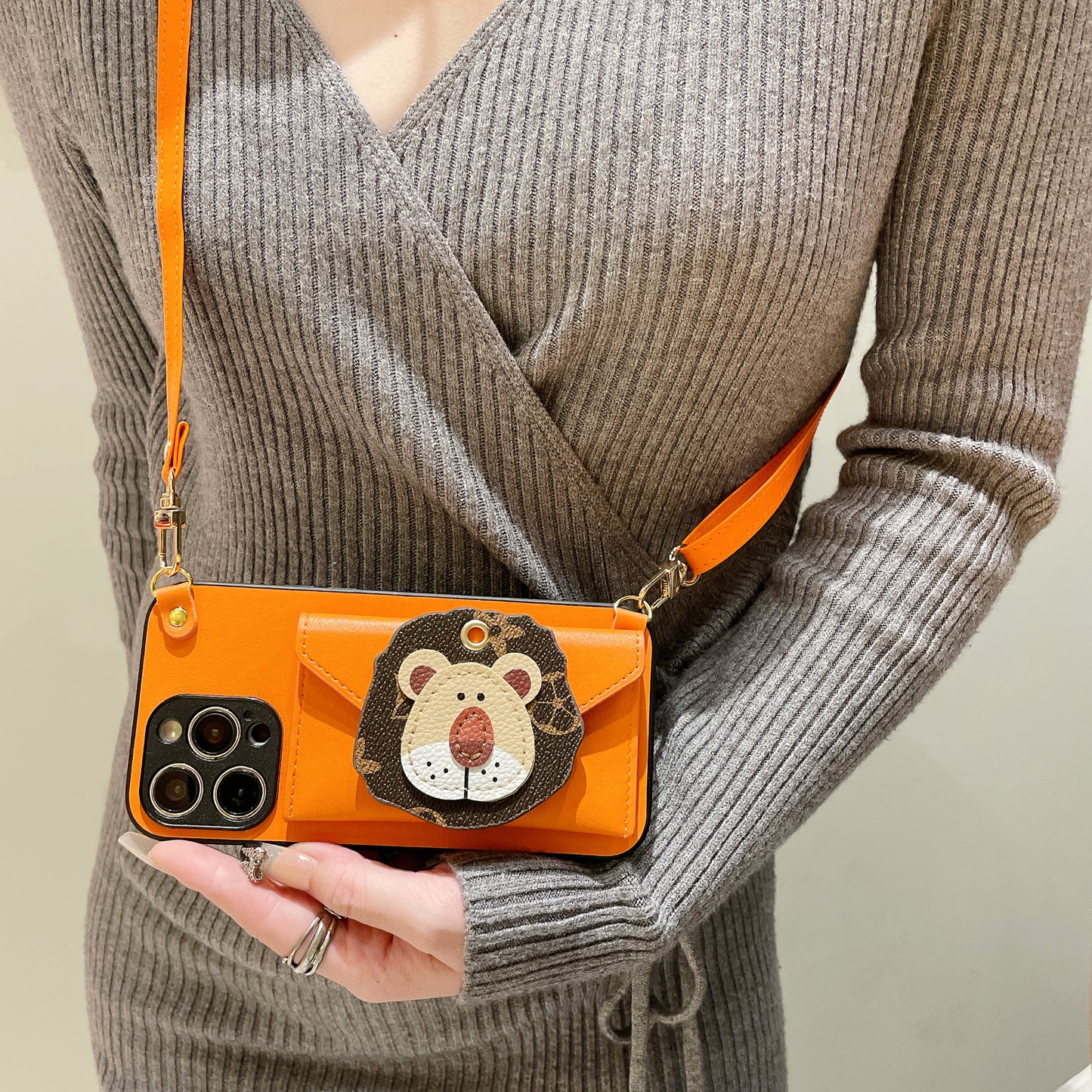 Oriseeasy iPhone case 3D lion Wallet Crossbody long strap