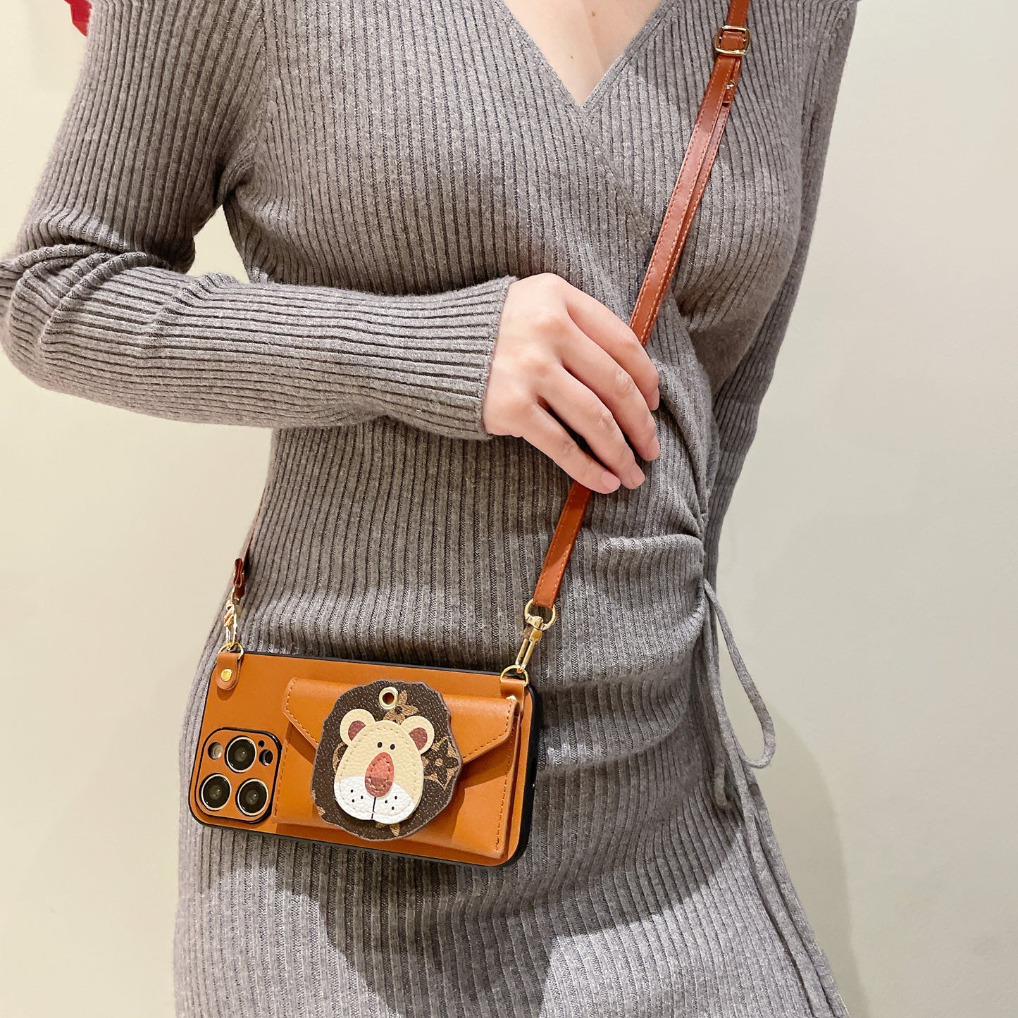 Oriseeasy iPhone case 3D lion Wallet Crossbody long strap