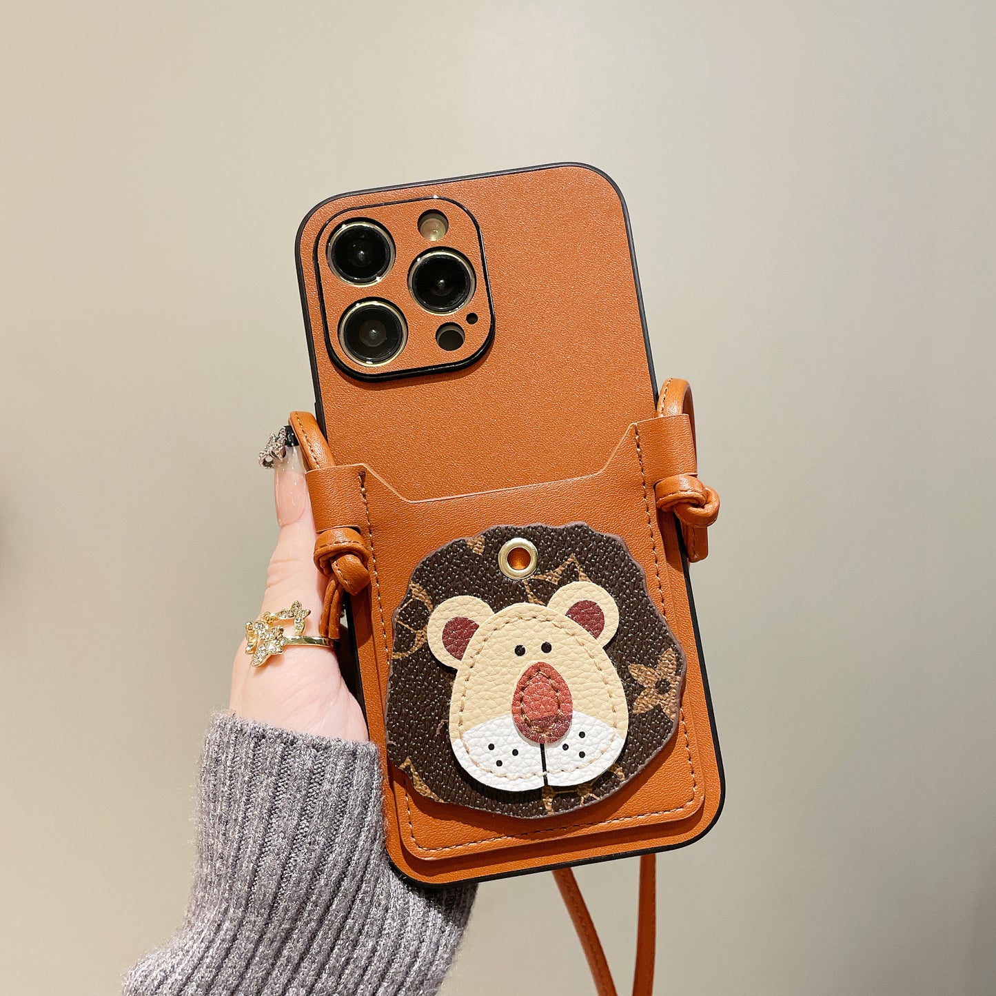 Oriseeasy iPhone case 3D lion card holder crossbody with long strap