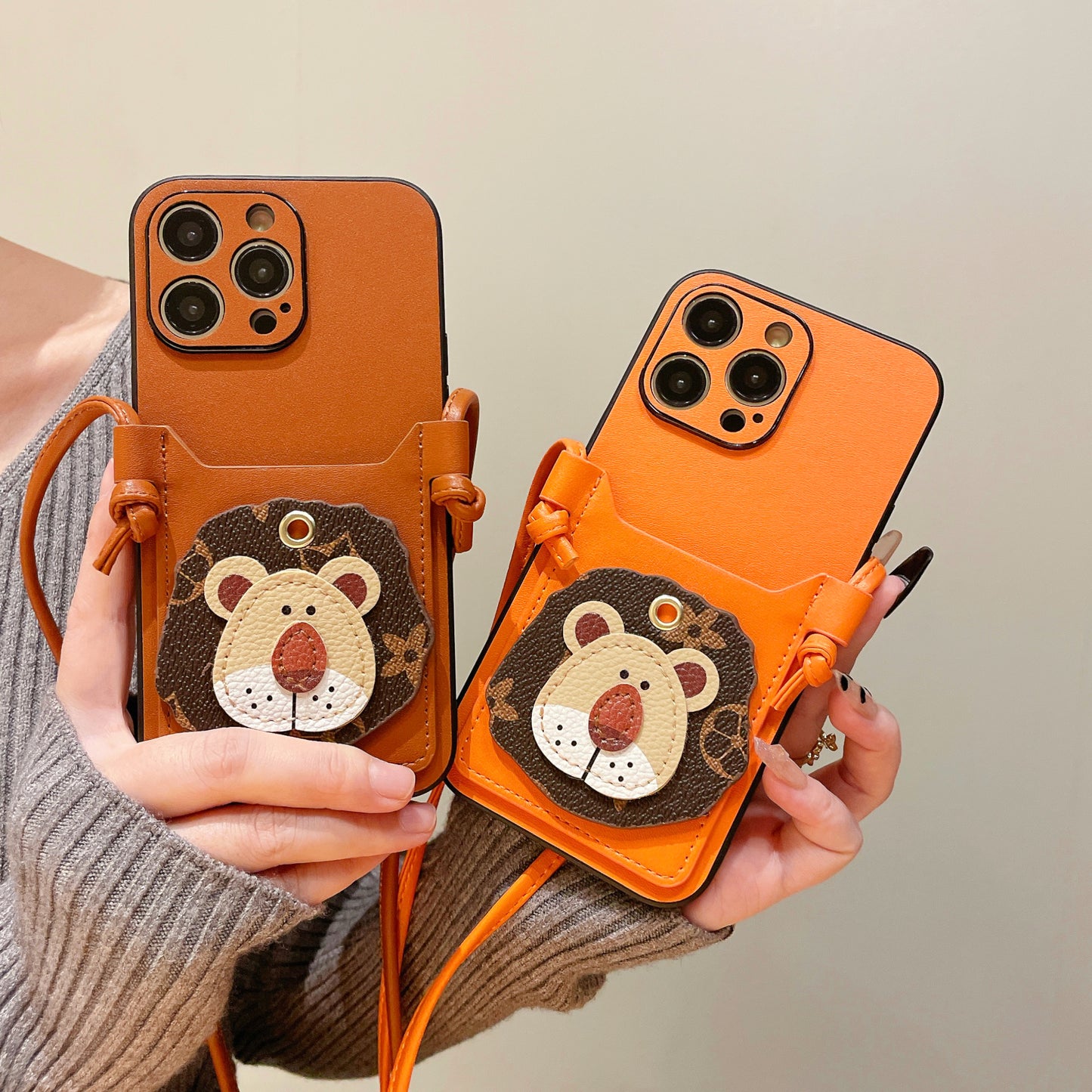 Oriseeasy iPhone case 3D lion card holder crossbody with long strap
