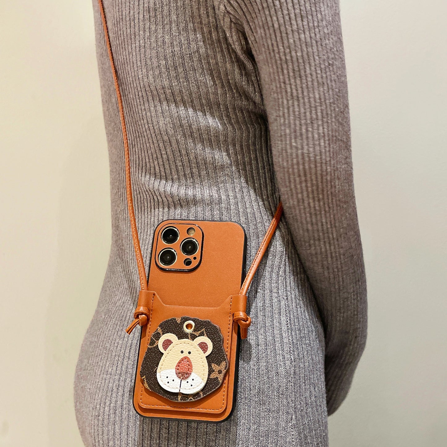 Oriseeasy iPhone case 3D lion card holder crossbody with long strap
