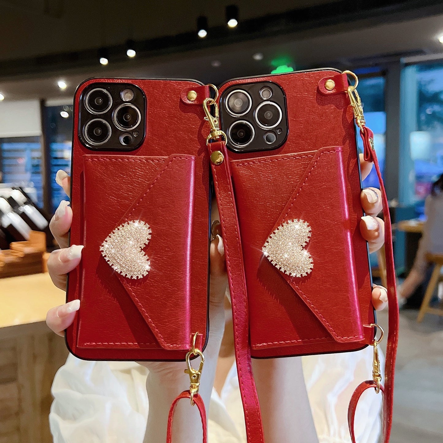 Oriseeasy Pu Cute iPhone Case Wallet with Bling Heart Stone