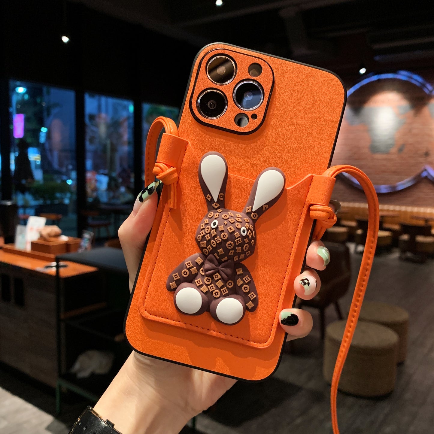 OriseEasy Crossbody iPhone Case PU Leather Long Strap Stand 3D Cute Bunny