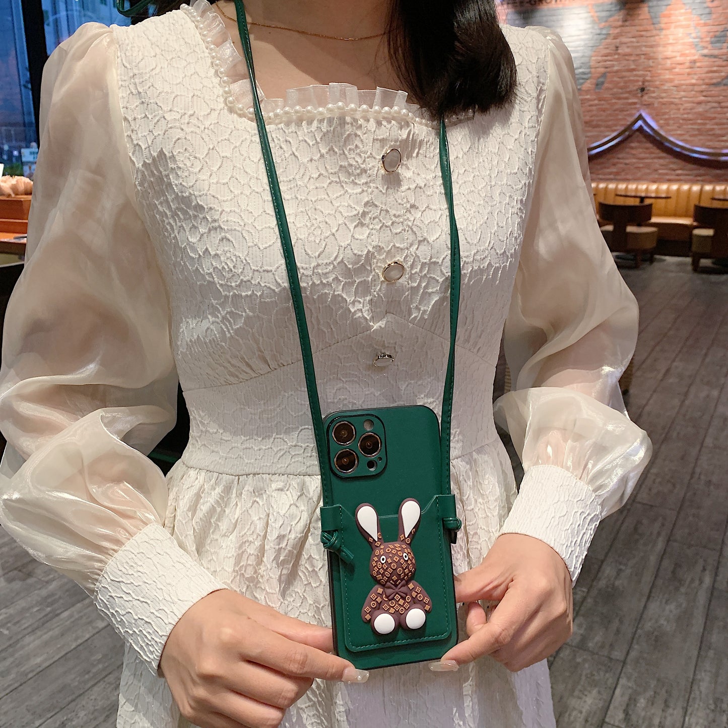 OriseEasy Crossbody iPhone Case PU Leather Long Strap Stand 3D Cute Bunny