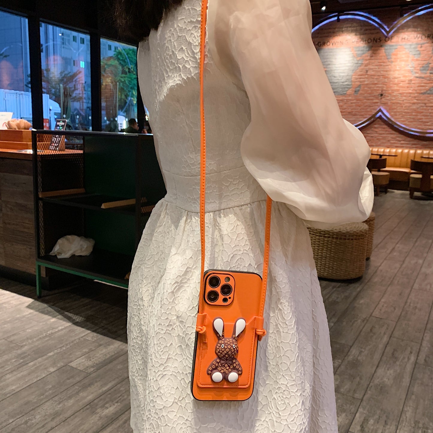 OriseEasy Crossbody iPhone Case PU Leather Long Strap Stand 3D Cute Bunny