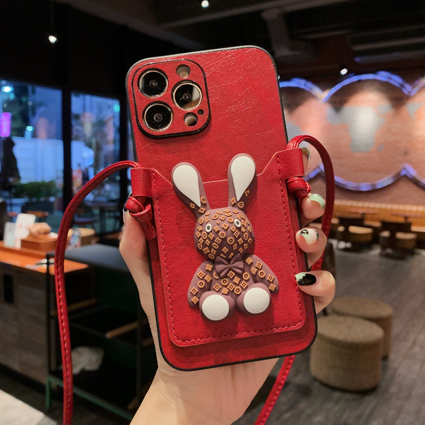 OriseEasy Crossbody iPhone Case PU Leather Long Strap Stand 3D Cute Bunny