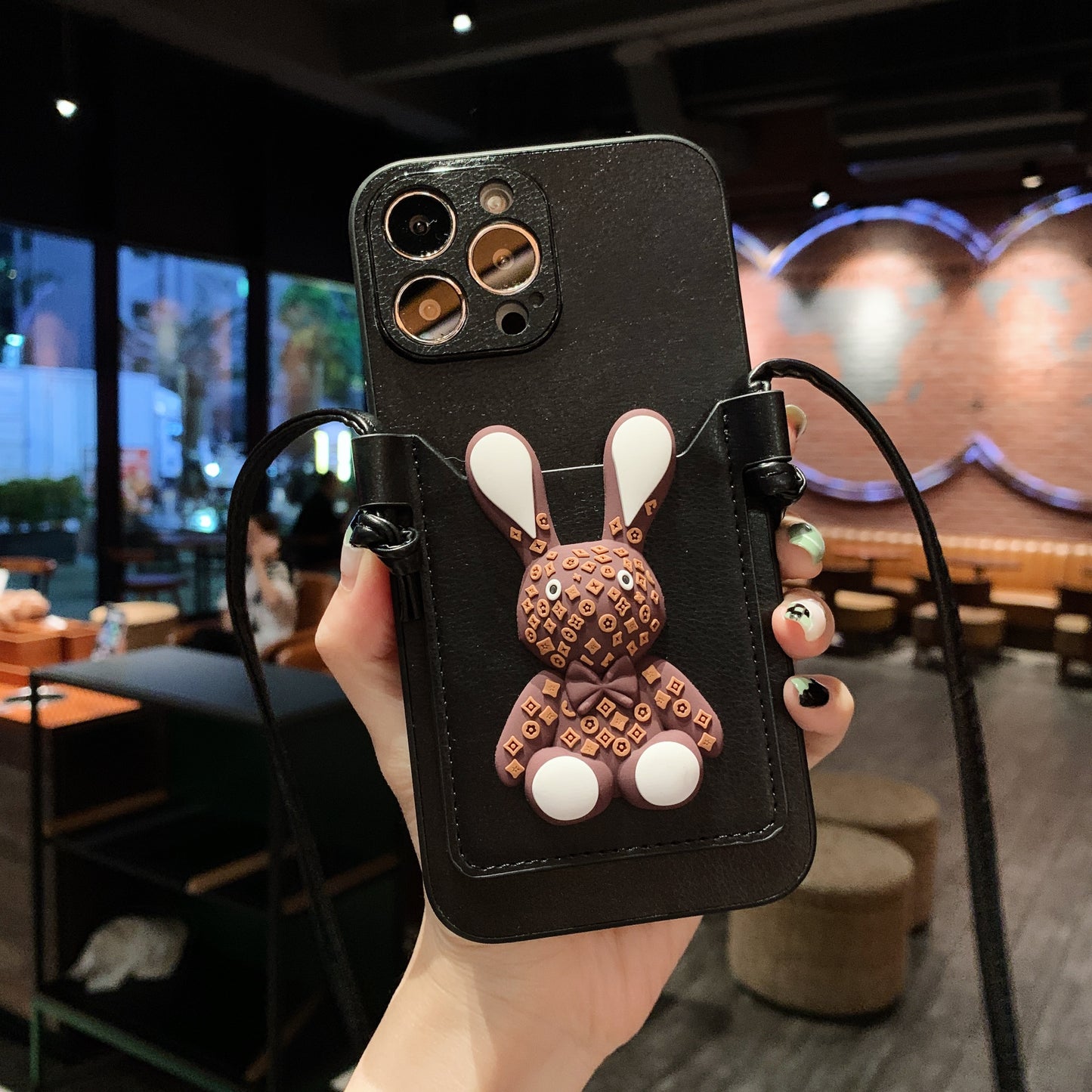 OriseEasy Crossbody iPhone Case PU Leather Long Strap Stand 3D Cute Bunny