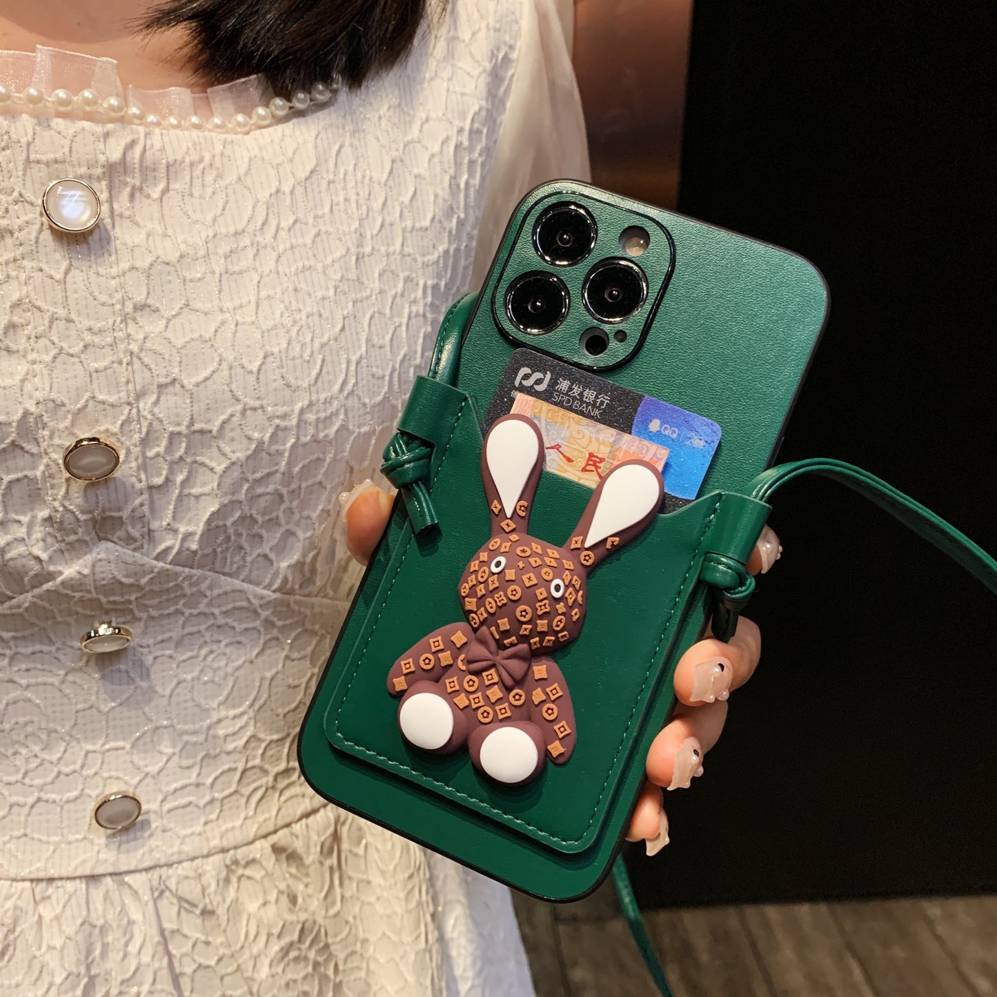 OriseEasy Crossbody iPhone Case PU Leather Long Strap Stand 3D Cute Bunny