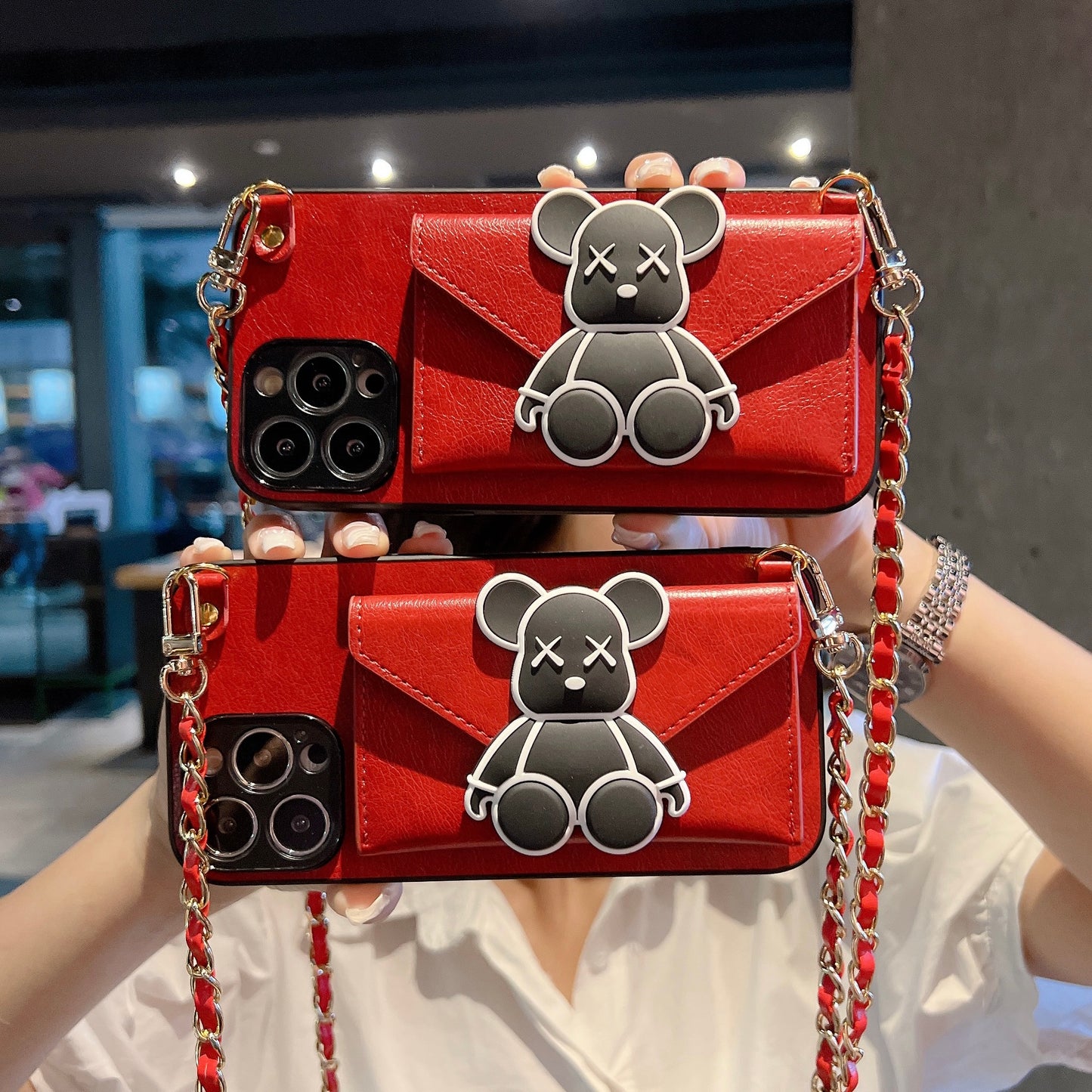 Oriseeasy iPhone Case with 3D Cute Bear Long Strap Crossbody