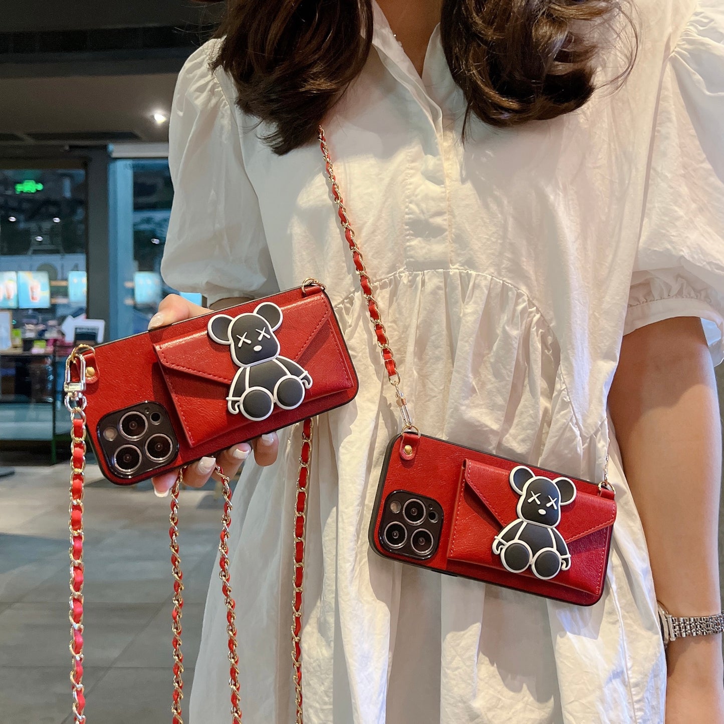 Oriseeasy iPhone Case with 3D Cute Bear Long Strap Crossbody