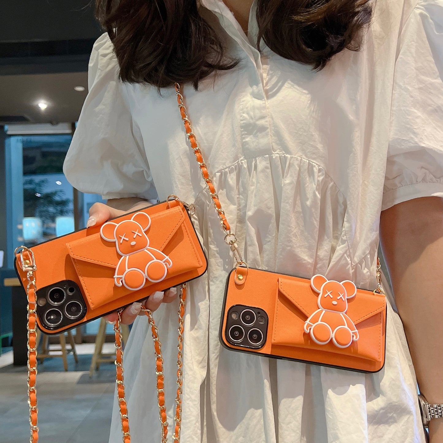Oriseeasy iPhone Case with 3D Cute Bear Long Strap Crossbody