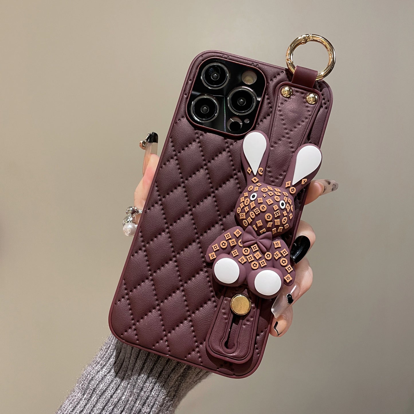 Orise Easy Crossbody case for iPhone,with PU Leather Strap Stand 3D Cute Rabbit Bunny Grip Holder Finger for girls women ,Purple