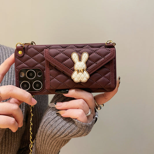 Orise Easy Light PU leather Crossbody Wallet case for iPhone Long Shoulder Strap and 3D Cute Rabbit Bunny