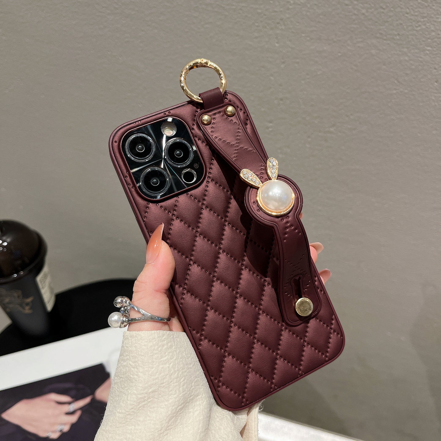 Orise Easy Crossbody case for iPhone,PU Leather Strap Stand Bling Pearl Grip Holder Finger for girls women ,Purple