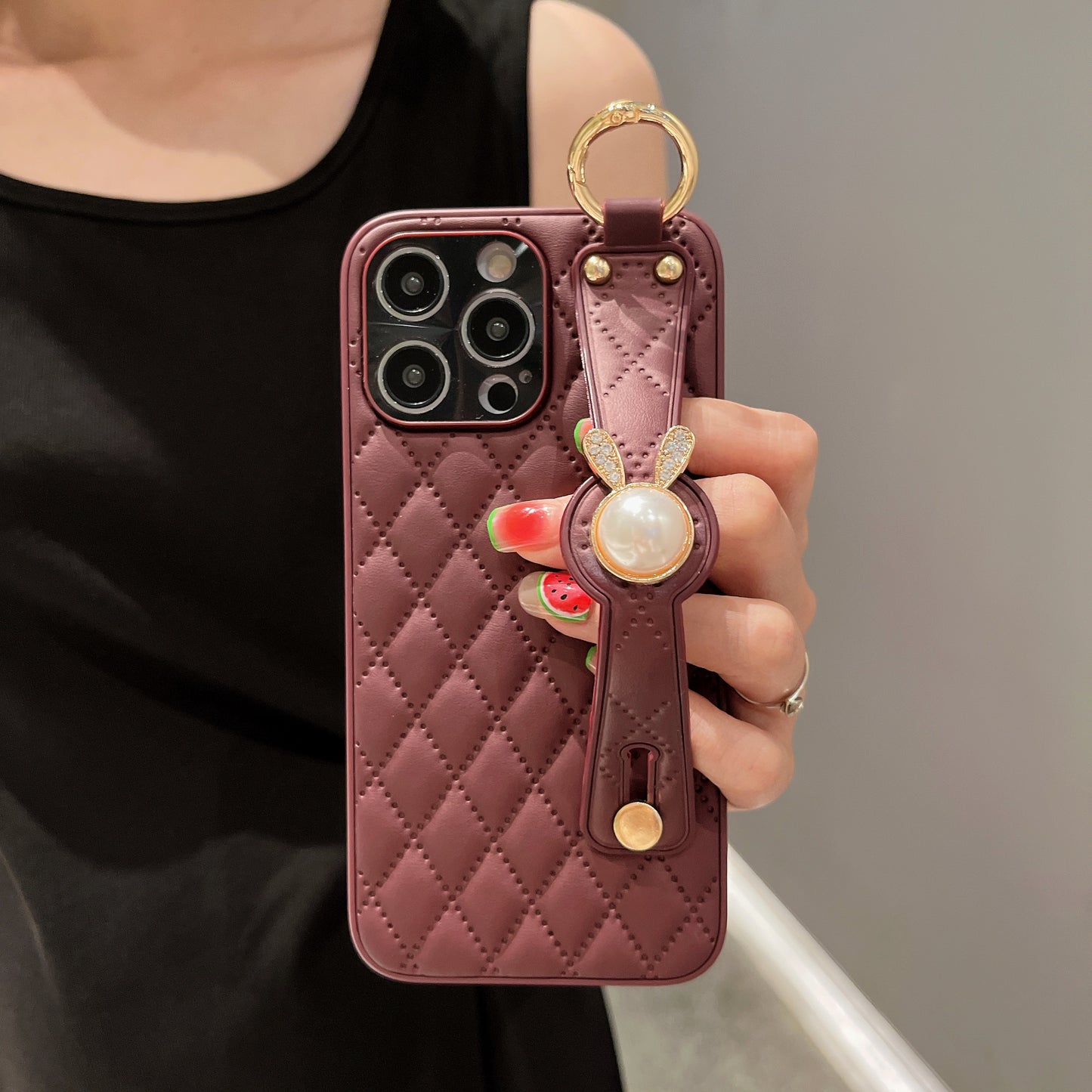 Orise Easy Crossbody case for iPhone,PU Leather Strap Stand Bling Pearl Grip Holder Finger for girls women ,Purple