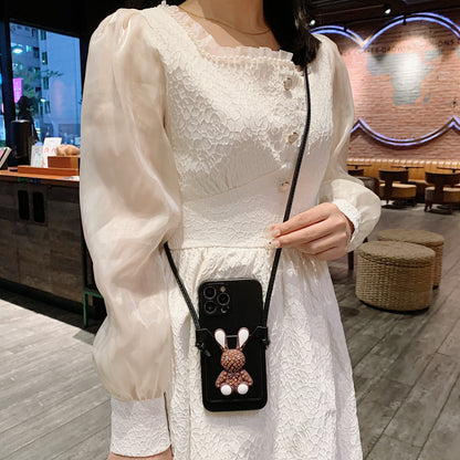 OriseEasy Crossbody iPhone Case PU Leather Long Strap Stand 3D Cute Bunny