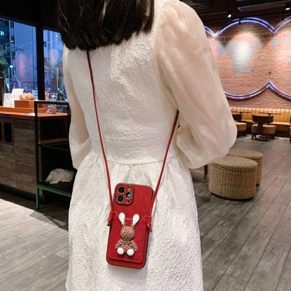 OriseEasy Crossbody iPhone Case PU Leather Long Strap Stand 3D Cute Bunny